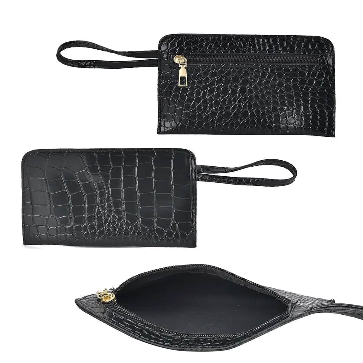 TLV Set of 5pcs Black Crocodile Embossed Faux Leather Tote Bag, Crossbody Bag, Wrist Pouch, Wallet and Card Holder (7.5"x3.9" - 9.8"x4.7"x9.4") image number 9