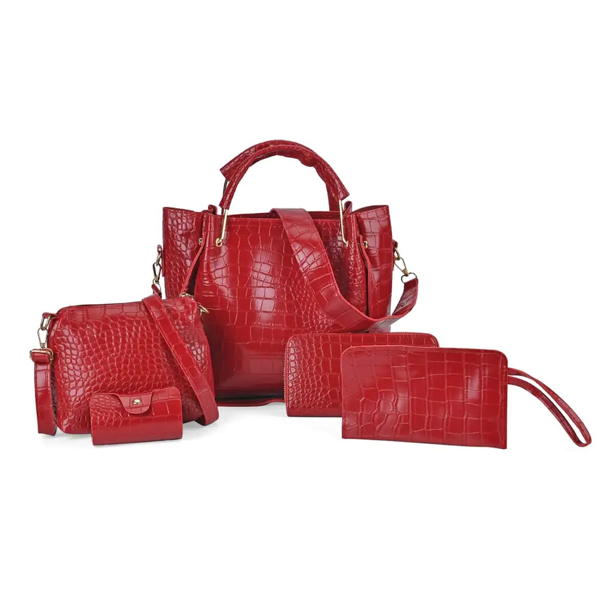 Set of 5pcs Red Crocodile Embossed Faux Leather Tote Bag, Crossbody Bag, Wrist Pouch, Wallet and Card Holder image number 0