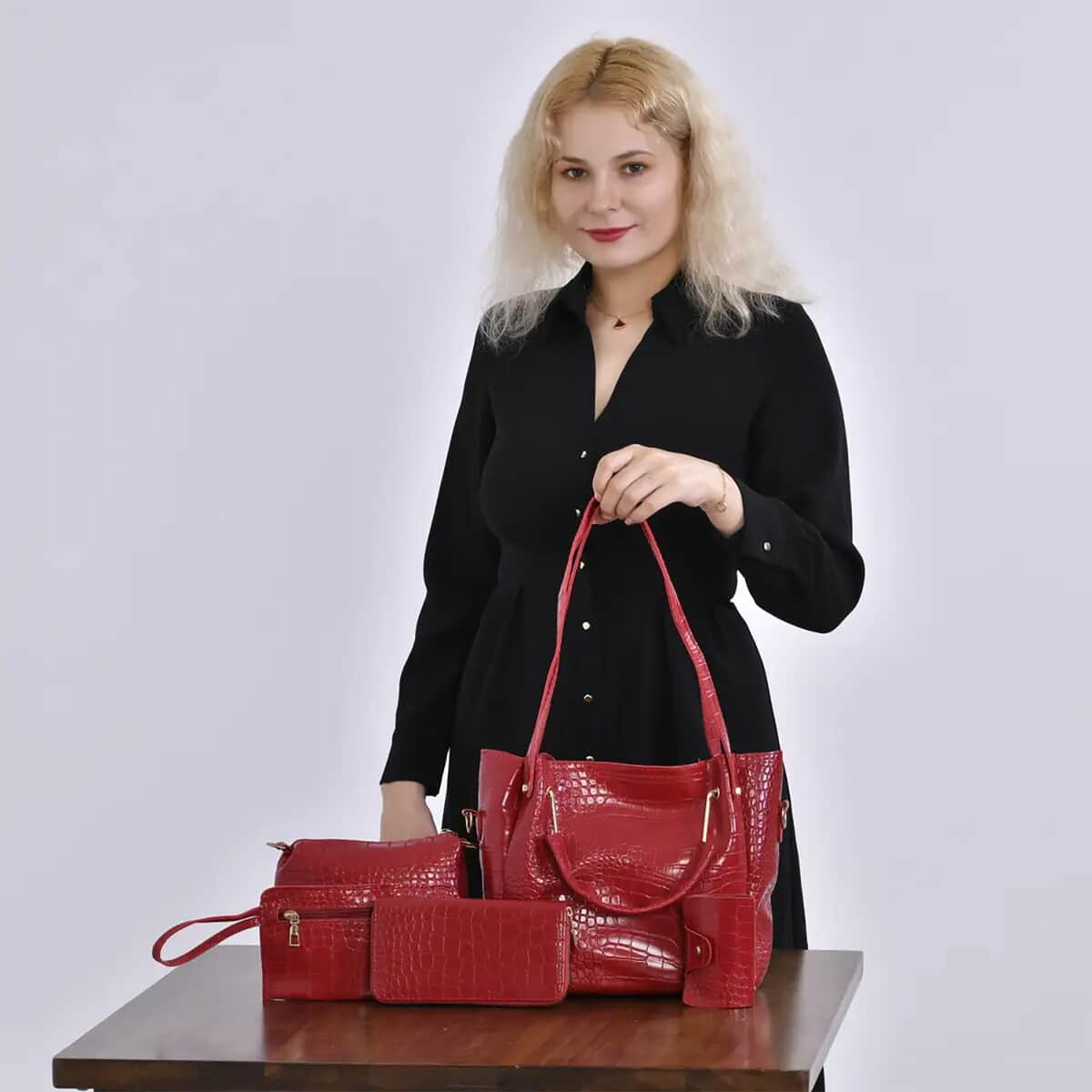 Set of 5pcs Red Crocodile Embossed Faux Leather Tote Bag, Crossbody Bag, Wrist Pouch, Wallet and Card Holder image number 1