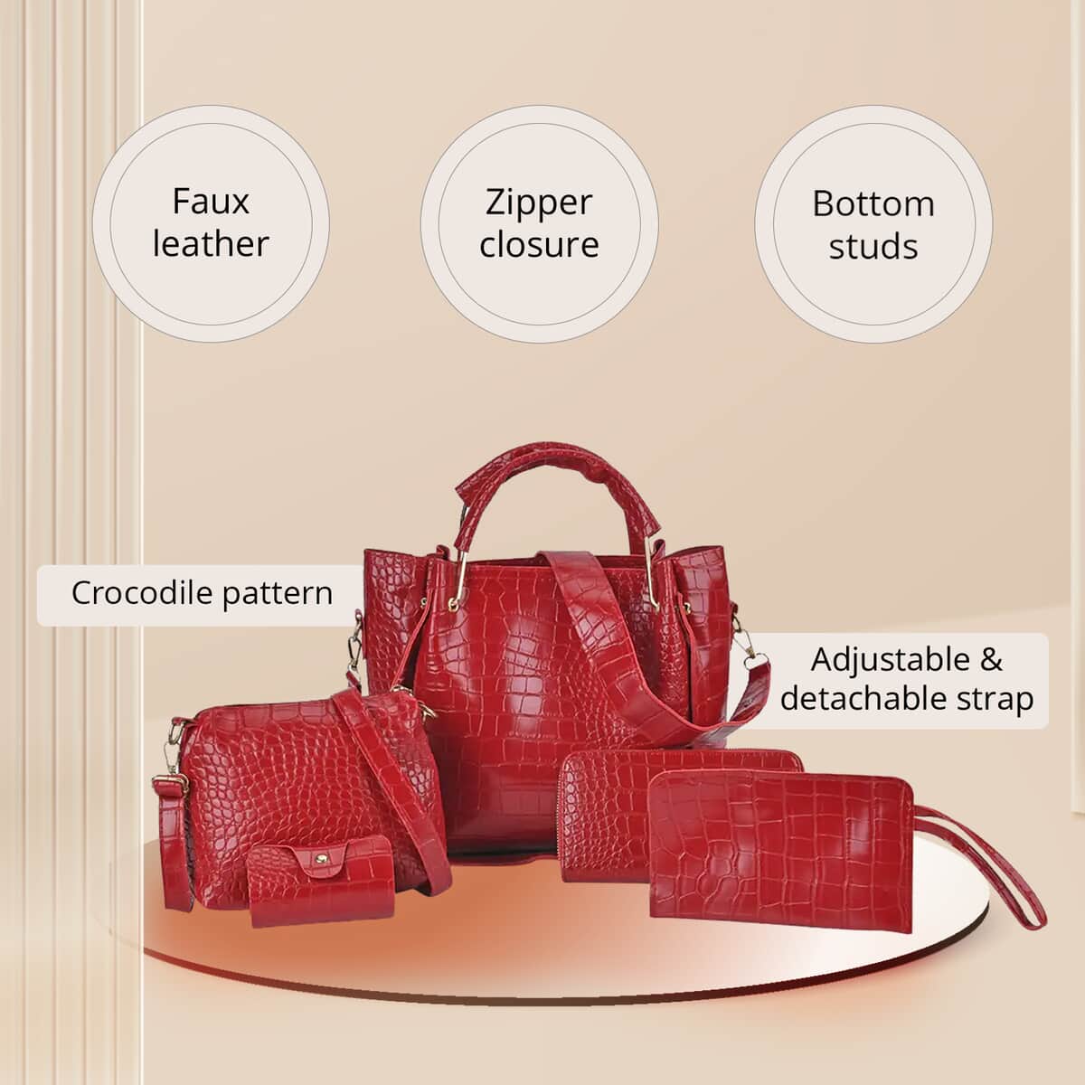 Set of 5pcs Red Crocodile Embossed Faux Leather Tote Bag, Crossbody Bag, Wrist Pouch, Wallet and Card Holder image number 2