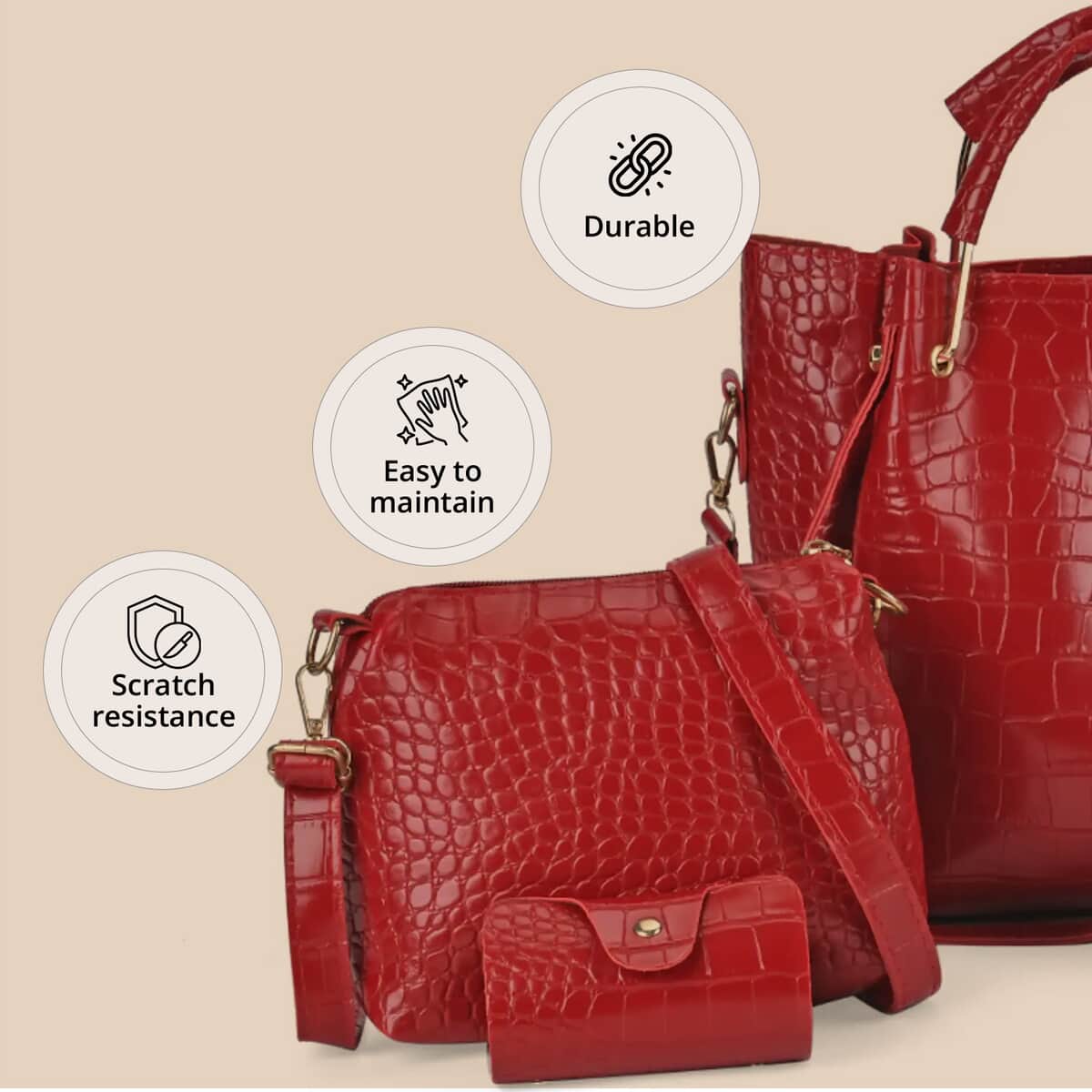 Set of 5pcs Red Crocodile Embossed Faux Leather Tote Bag, Crossbody Bag, Wrist Pouch, Wallet and Card Holder image number 4