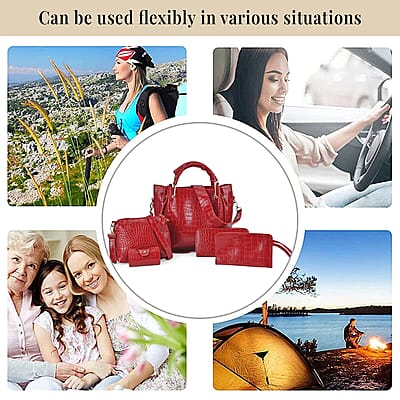 Set of 5pcs Red Crocodile Embossed Faux Leather Tote Bag, Crossbody Bag, Wrist Pouch, Wallet and Card Holder