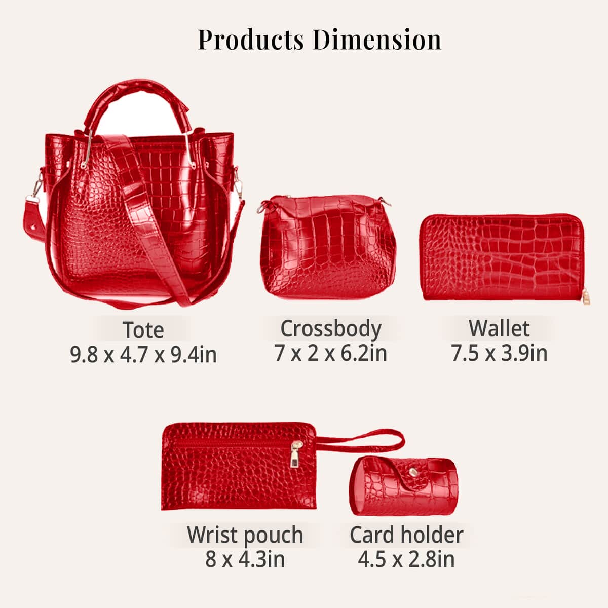 Set of 5pcs Red Crocodile Embossed Faux Leather Tote Bag, Crossbody Bag, Wrist Pouch, Wallet and Card Holder image number 6