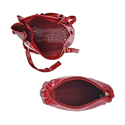 Set of 5pcs Red Crocodile Embossed Faux Leather Tote Bag, Crossbody Bag, Wrist Pouch, Wallet and Card Holder