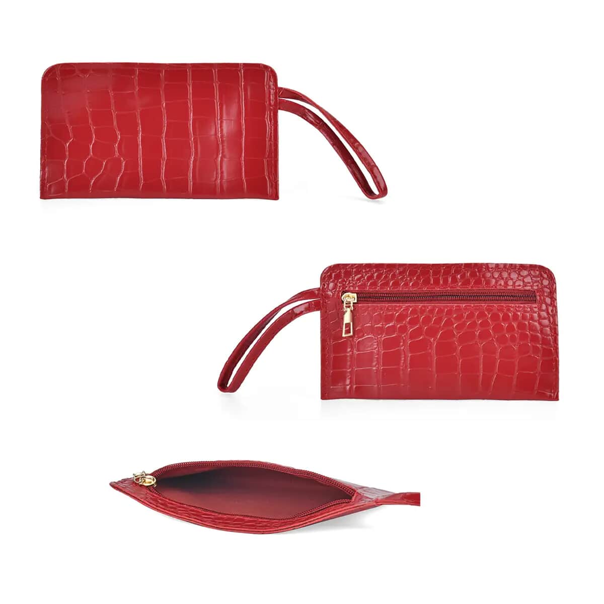 Set of 5pcs Red Crocodile Embossed Faux Leather Tote Bag, Crossbody Bag, Wrist Pouch, Wallet and Card Holder image number 9