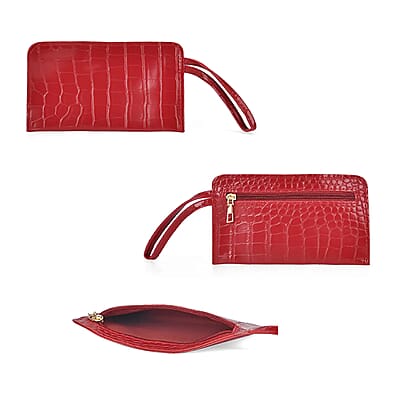 Set of 5pcs Red Crocodile Embossed Faux Leather Tote Bag, Crossbody Bag, Wrist Pouch, Wallet and Card Holder