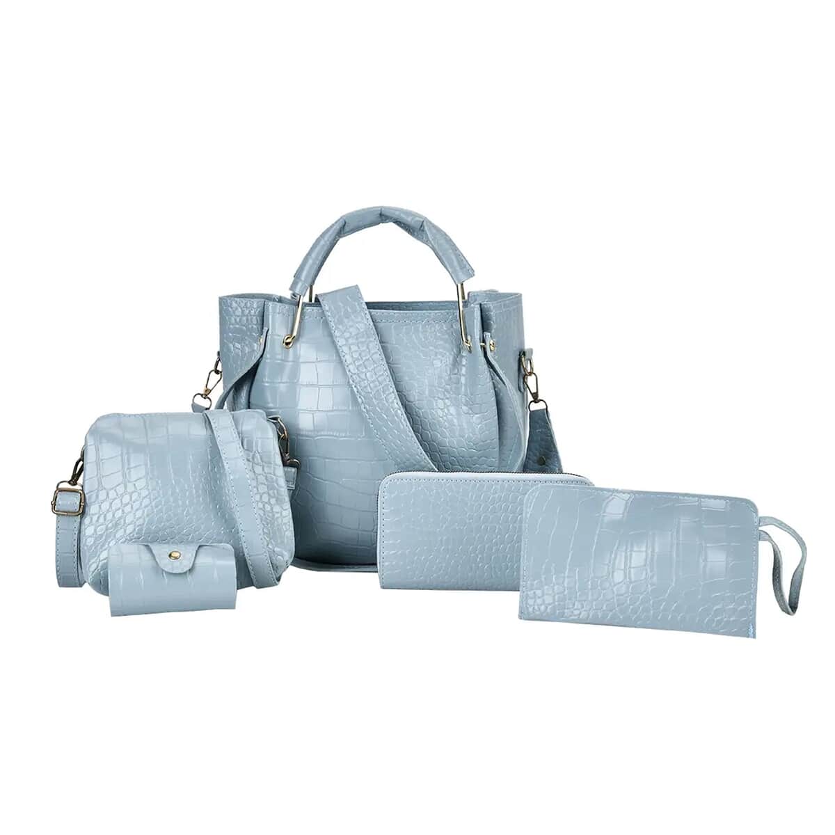 Set of 5pcs Sky Blue Crocodile Embossed Faux Leather Tote Bag, Crossbody Bag, Wrist Pouch, Wallet and Card Holder image number 0