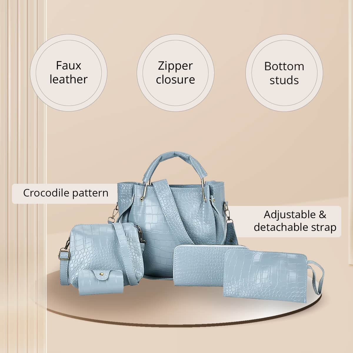 Set of 5pcs Sky Blue Crocodile Embossed Faux Leather Tote Bag, Crossbody Bag, Wrist Pouch, Wallet and Card Holder image number 2