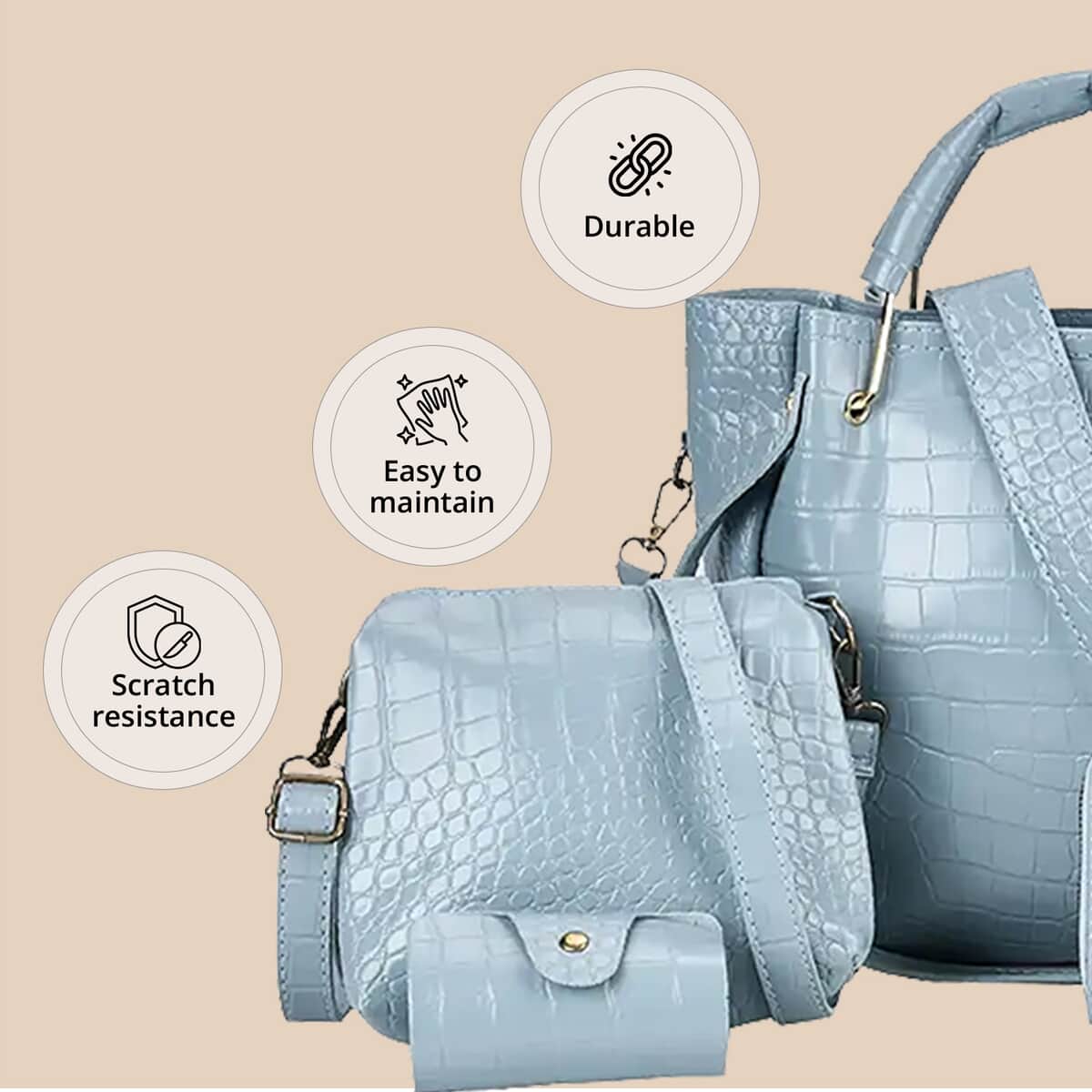 Set of 5pcs Sky Blue Crocodile Embossed Faux Leather Tote Bag, Crossbody Bag, Wrist Pouch, Wallet and Card Holder image number 4