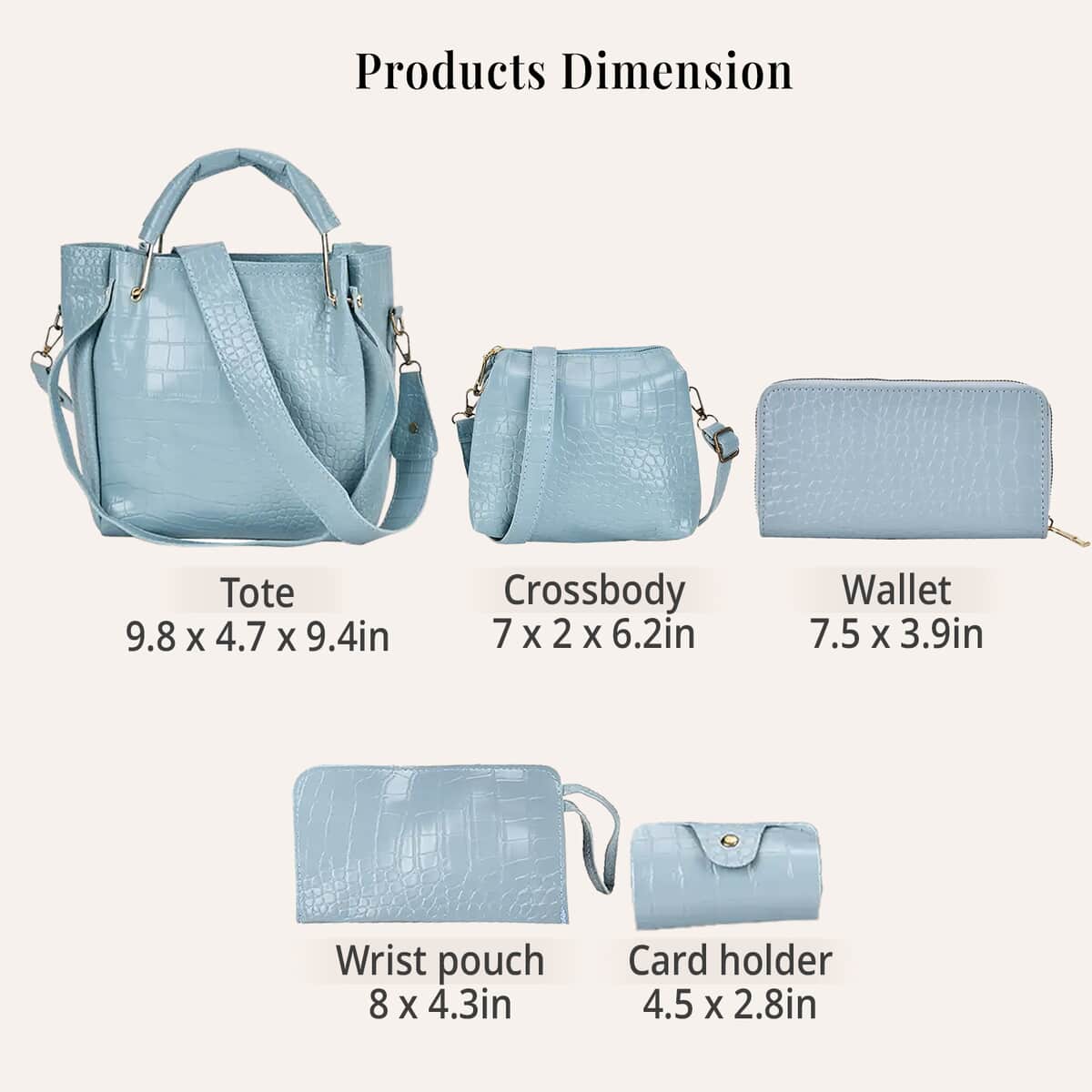 Set of 5pcs Sky Blue Crocodile Embossed Faux Leather Tote Bag, Crossbody Bag, Wrist Pouch, Wallet and Card Holder image number 6