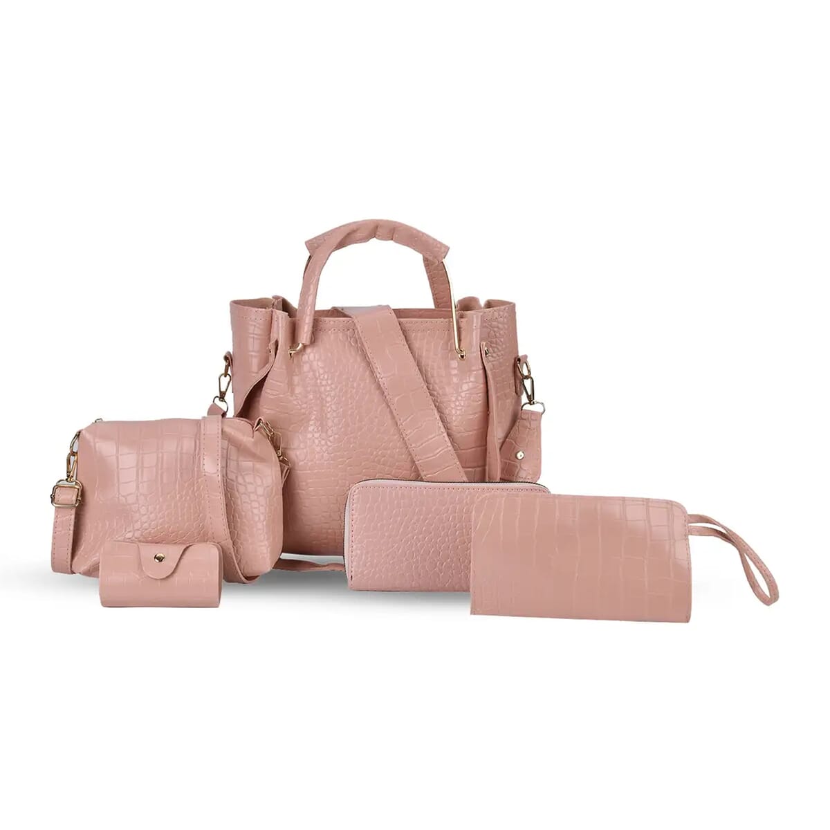 Set of 5pcs Pink Crocodile Embossed Faux Leather Tote Bag, Crossbody Bag, Wrist Pouch, Wallet and Card Holder image number 0