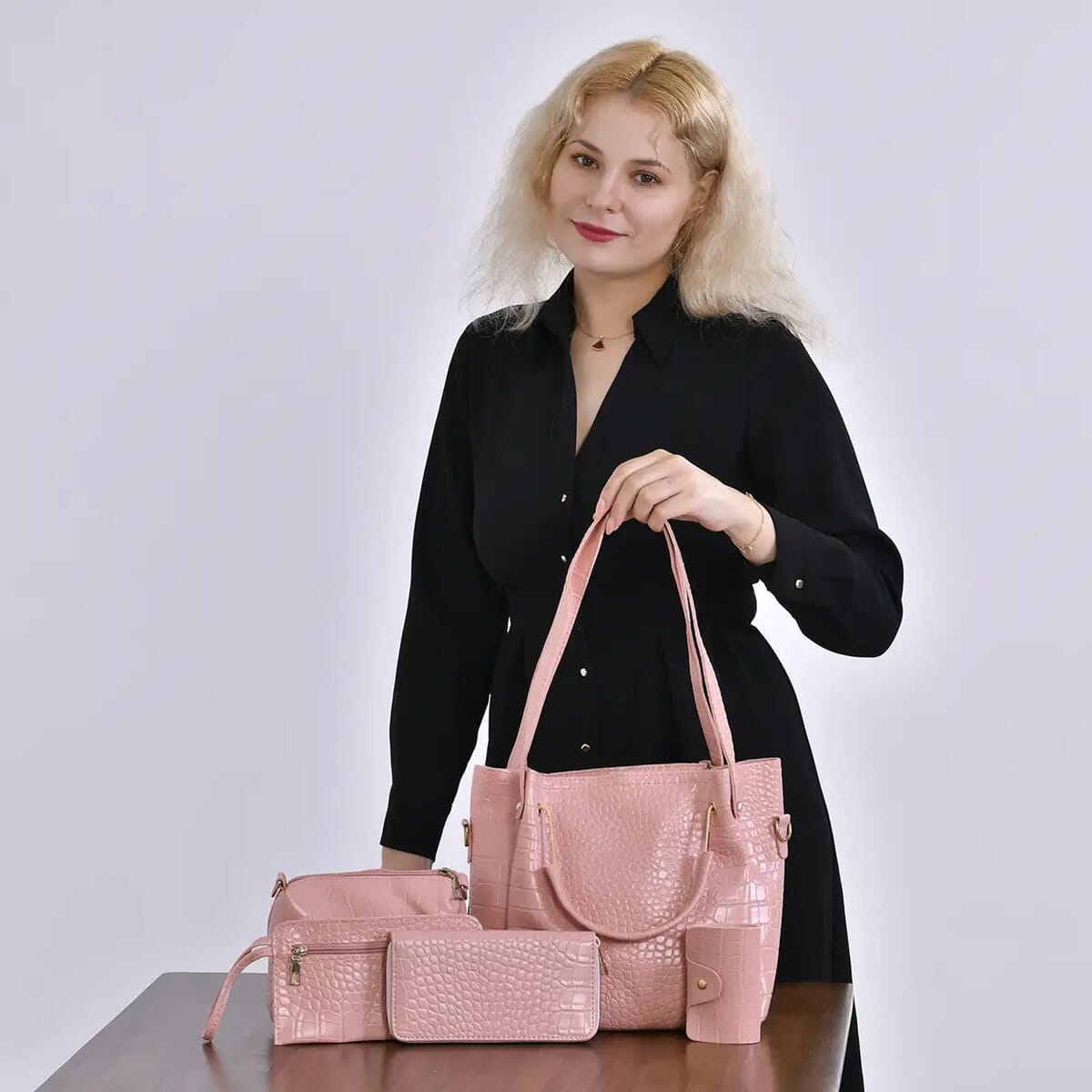 Set of 5pcs Pink Crocodile Embossed Faux Leather Tote Bag, Crossbody Bag, Wrist Pouch, Wallet and Card Holder image number 1