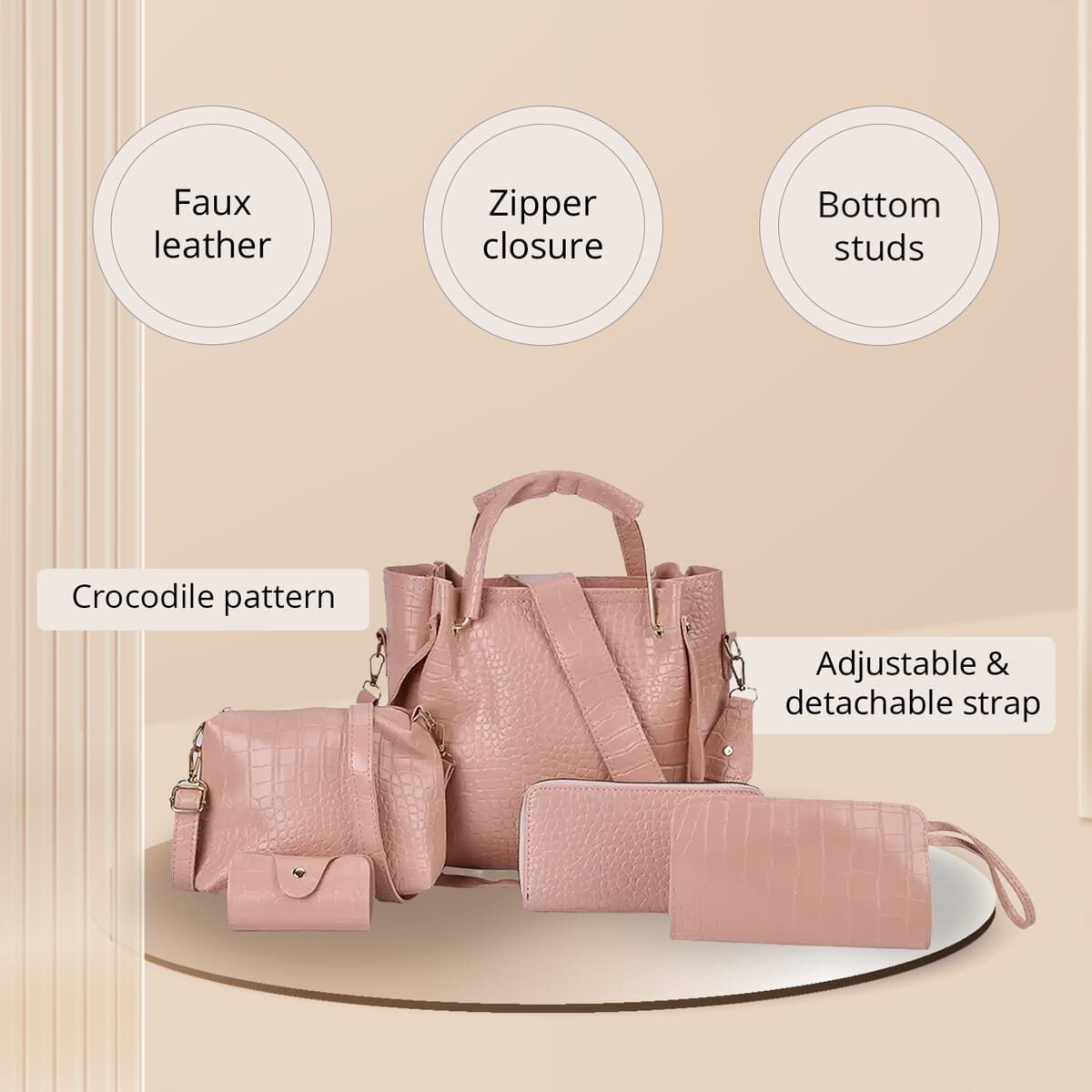 Set of 5pcs Pink Crocodile Embossed Faux Leather Tote Bag, Crossbody Bag, Wrist Pouch, Wallet and Card Holder image number 2