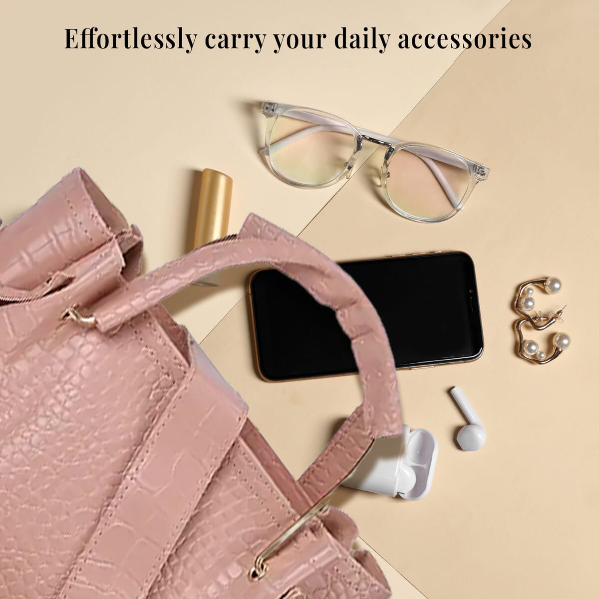 Set of 5pcs Pink Crocodile Embossed Faux Leather Tote Bag, Crossbody Bag, Wrist Pouch, Wallet and Card Holder image number 3