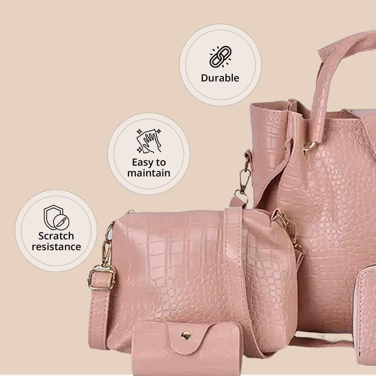 Set of 5pcs Pink Crocodile Embossed Faux Leather Tote Bag, Crossbody Bag, Wrist Pouch, Wallet and Card Holder image number 4