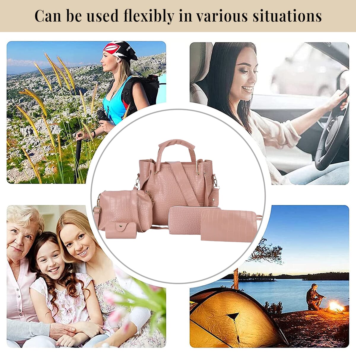 Set of 5pcs Pink Crocodile Embossed Faux Leather Tote Bag, Crossbody Bag, Wrist Pouch, Wallet and Card Holder image number 5