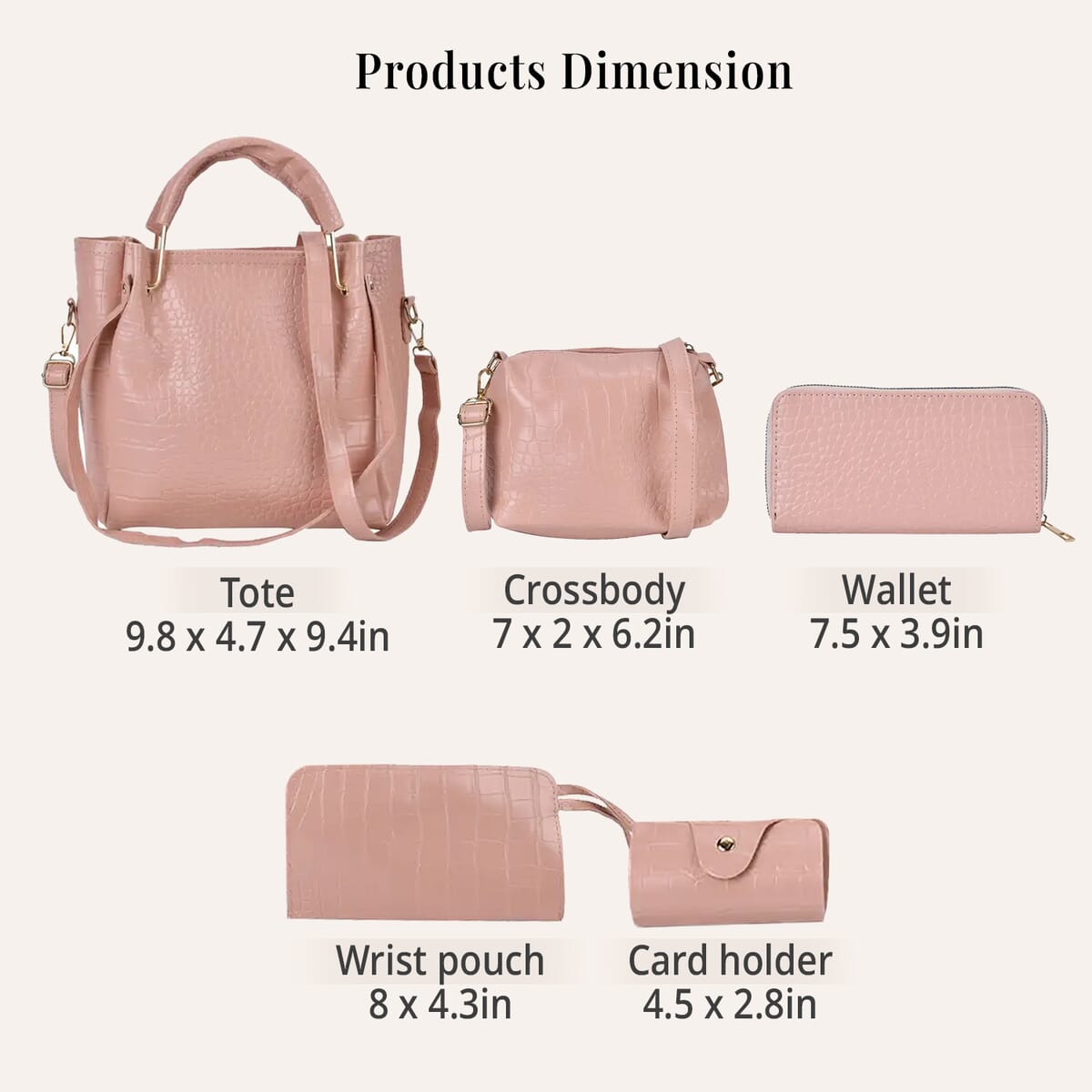 Set of 5pcs Pink Crocodile Embossed Faux Leather Tote Bag, Crossbody Bag, Wrist Pouch, Wallet and Card Holder image number 6