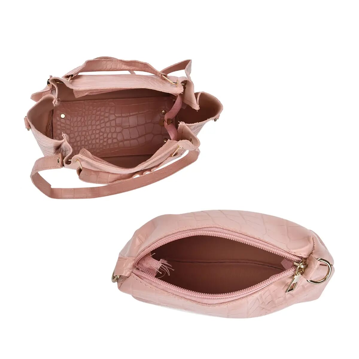 Set of 5pcs Pink Crocodile Embossed Faux Leather Tote Bag, Crossbody Bag, Wrist Pouch, Wallet and Card Holder image number 7