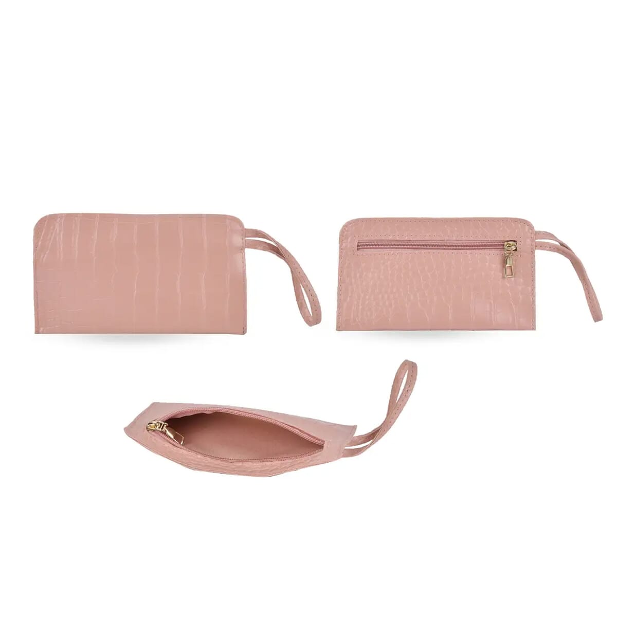 Set of 5pcs Pink Crocodile Embossed Faux Leather Tote Bag, Crossbody Bag, Wrist Pouch, Wallet and Card Holder image number 9