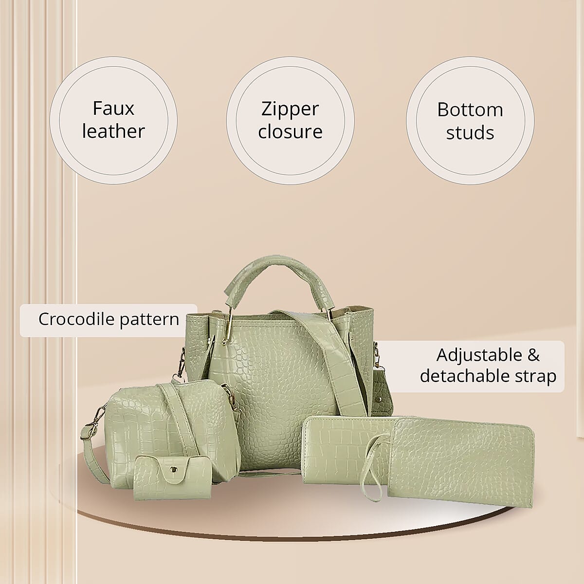 Set of 5pcs Green Crocodile Embossed Faux Leather Tote Bag, Crossbody Bag, Wrist Pouch, Wallet and Card Holder image number 2