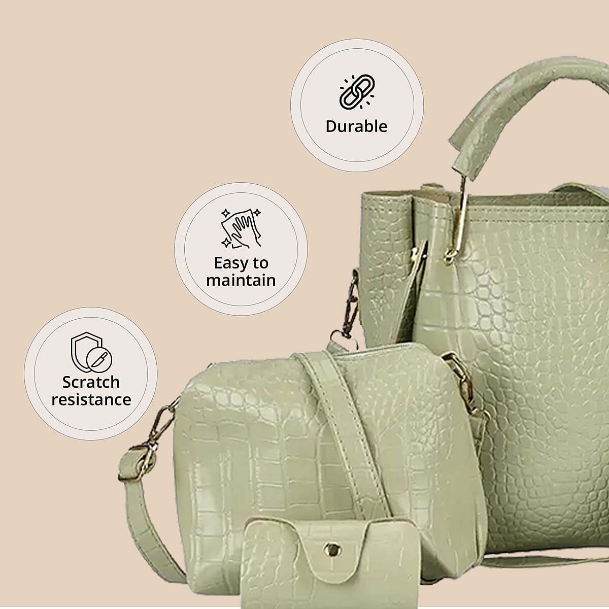 Set of 5pcs Green Crocodile Embossed Faux Leather Tote Bag, Crossbody Bag, Wrist Pouch, Wallet and Card Holder image number 4