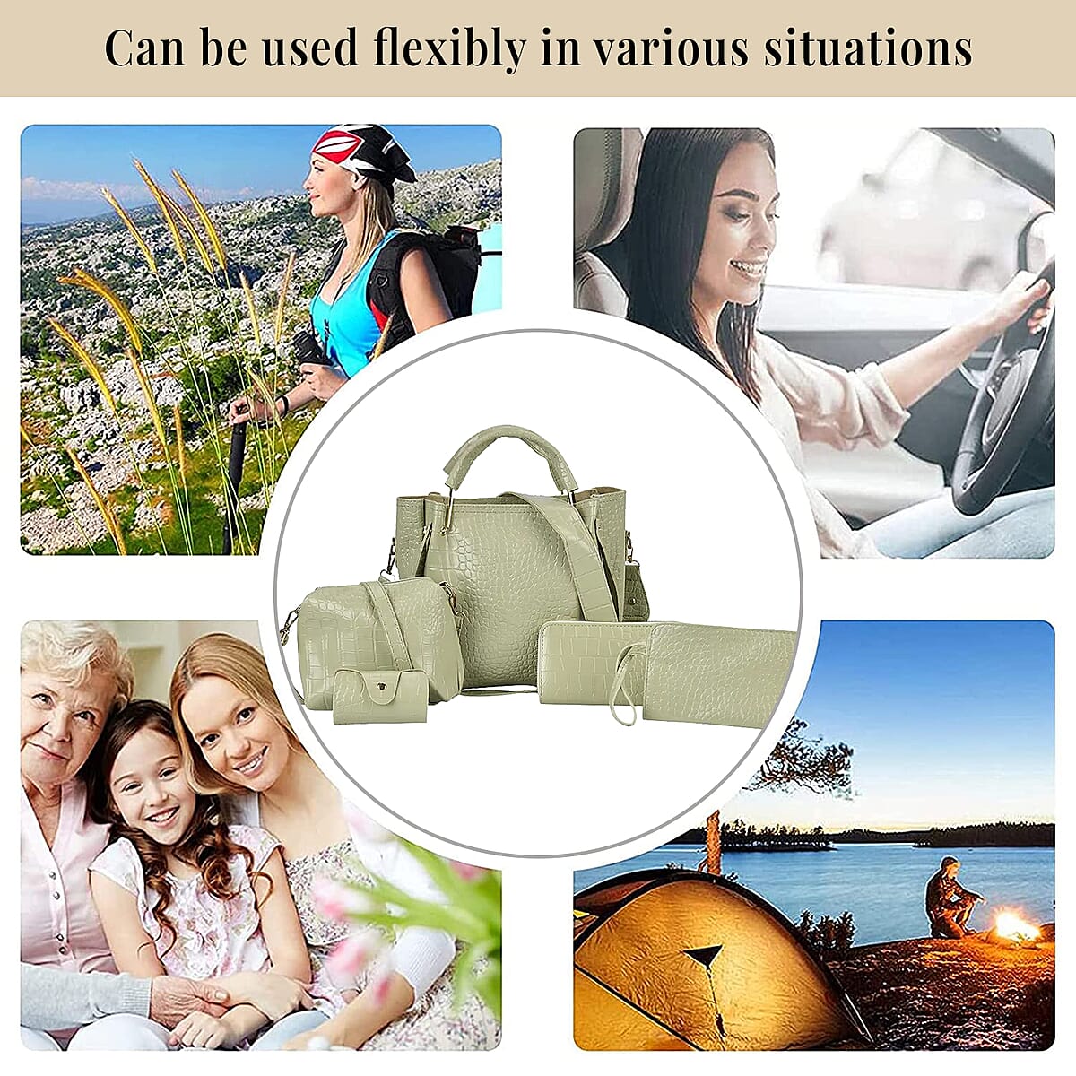 Set of 5pcs Green Crocodile Embossed Faux Leather Tote Bag, Crossbody Bag, Wrist Pouch, Wallet and Card Holder image number 5