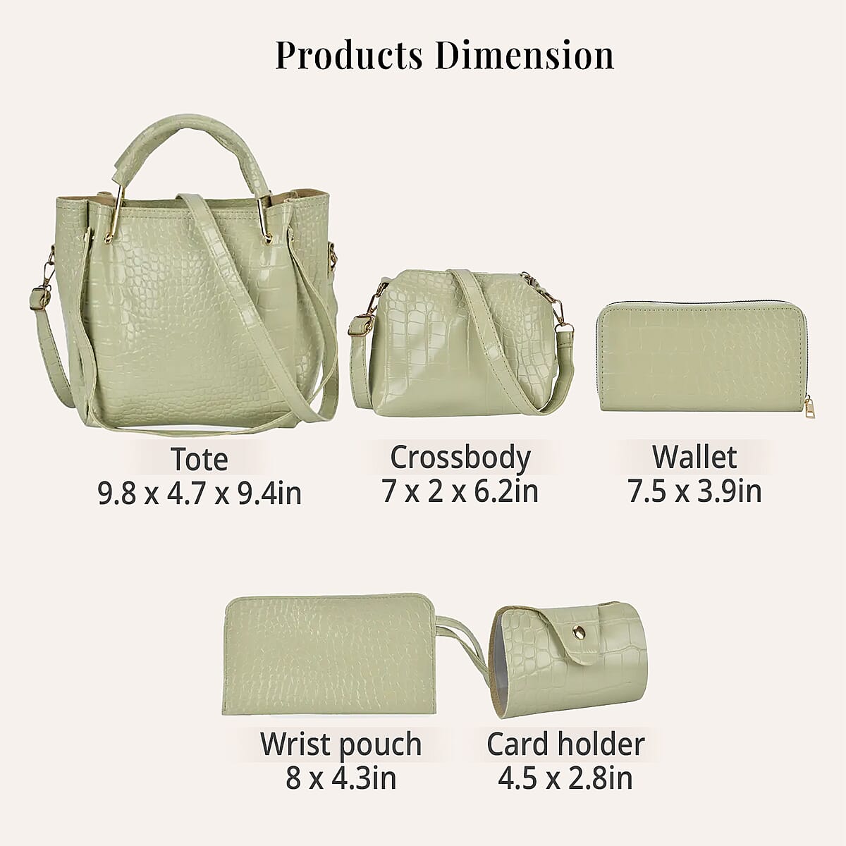 Set of 5pcs Green Crocodile Embossed Faux Leather Tote Bag, Crossbody Bag, Wrist Pouch, Wallet and Card Holder image number 6