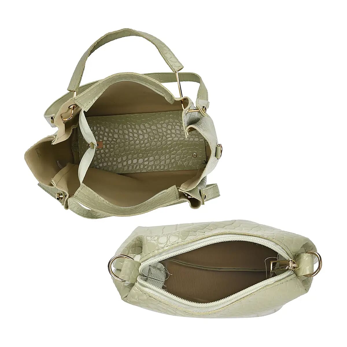 Set of 5pcs Green Crocodile Embossed Faux Leather Tote Bag, Crossbody Bag, Wrist Pouch, Wallet and Card Holder image number 7