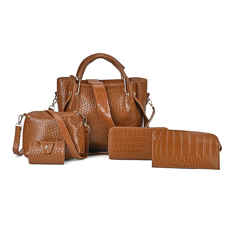 Set of 5pcs Brown Crocodile Embossed Faux Leather Tote Bag, Crossbody Bag, Wrist Pouch, Wallet and Card Holder
