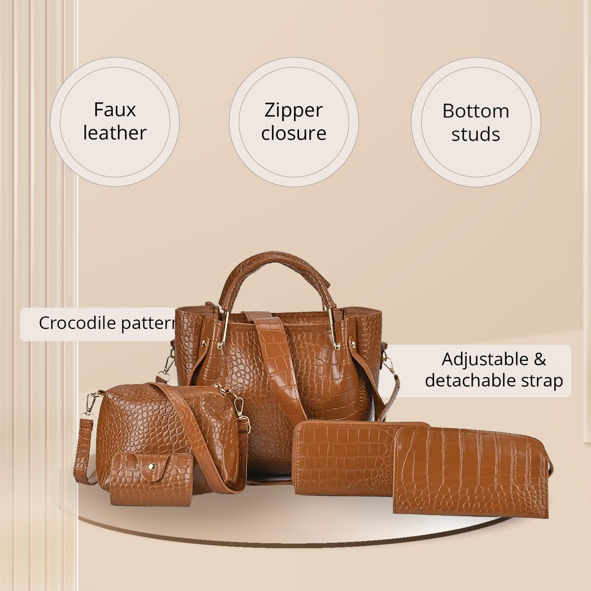 Set of 5pcs Brown Crocodile Embossed Faux Leather Tote Bag, Crossbody Bag, Wrist Pouch, Wallet and Card Holder image number 2