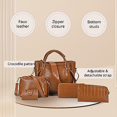 Set of 5pcs Brown Crocodile Embossed Faux Leather Tote Bag, Crossbody Bag, Wrist Pouch, Wallet and Card Holder