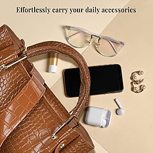 Set of 5pcs Brown Crocodile Embossed Faux Leather Tote Bag, Crossbody Bag, Wrist Pouch, Wallet and Card Holder