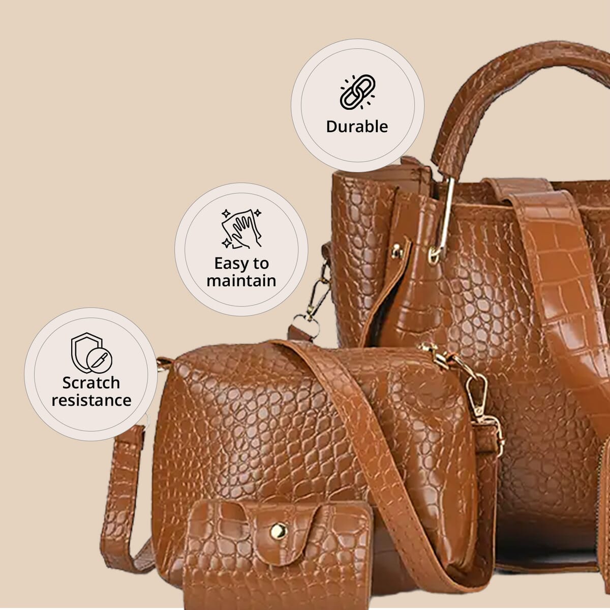 Set of 5pcs Brown Crocodile Embossed Faux Leather Tote Bag, Crossbody Bag, Wrist Pouch, Wallet and Card Holder image number 4