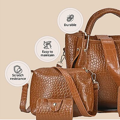Set of 5pcs Brown Crocodile Embossed Faux Leather Tote Bag, Crossbody Bag, Wrist Pouch, Wallet and Card Holder