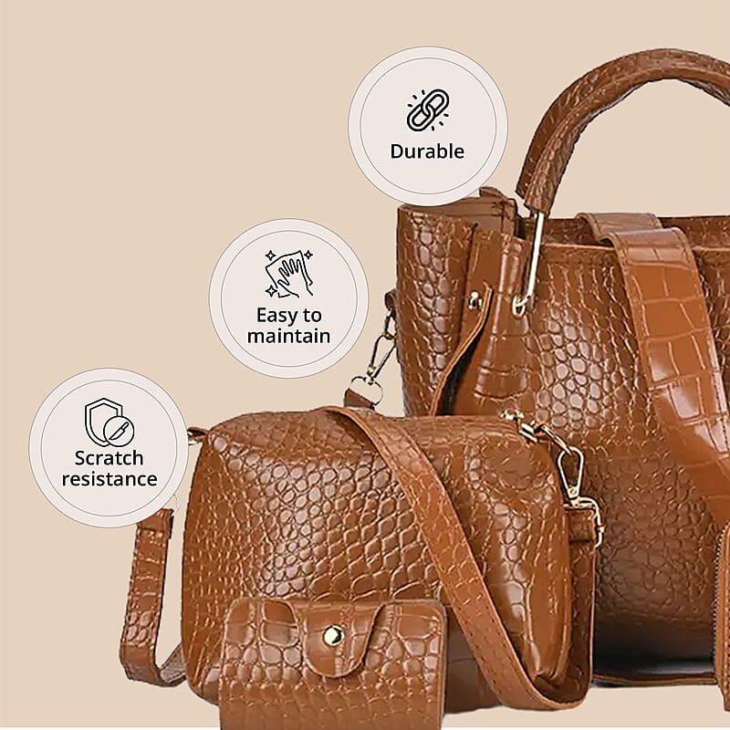 Set of 5pcs Brown Crocodile Embossed Faux Leather Tote Bag, Crossbody Bag, Wrist Pouch, Wallet and Card Holder