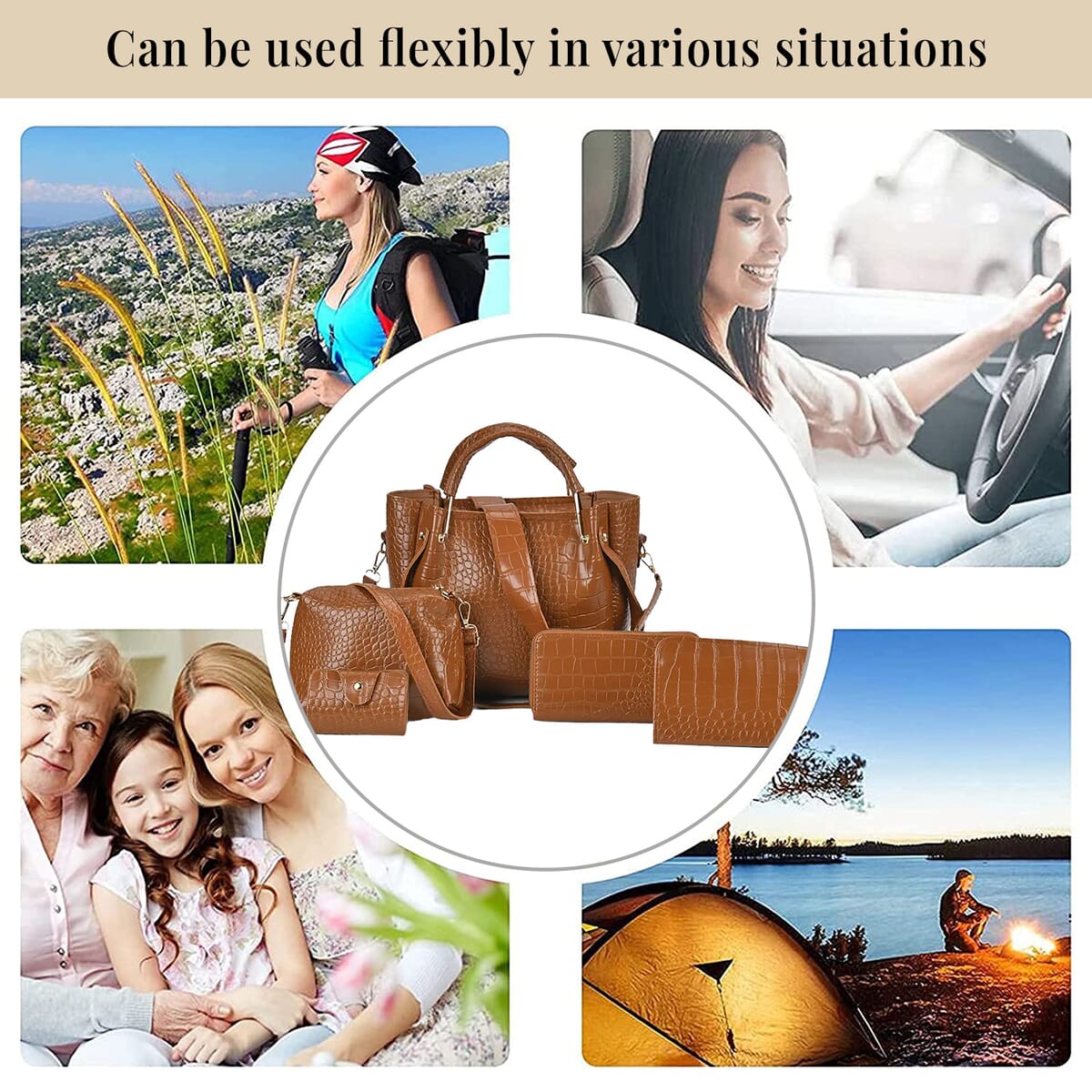 Set of 5pcs Brown Crocodile Embossed Faux Leather Tote Bag, Crossbody Bag, Wrist Pouch, Wallet and Card Holder image number 5