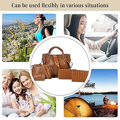 Set of 5pcs Brown Crocodile Embossed Faux Leather Tote Bag, Crossbody Bag, Wrist Pouch, Wallet and Card Holder