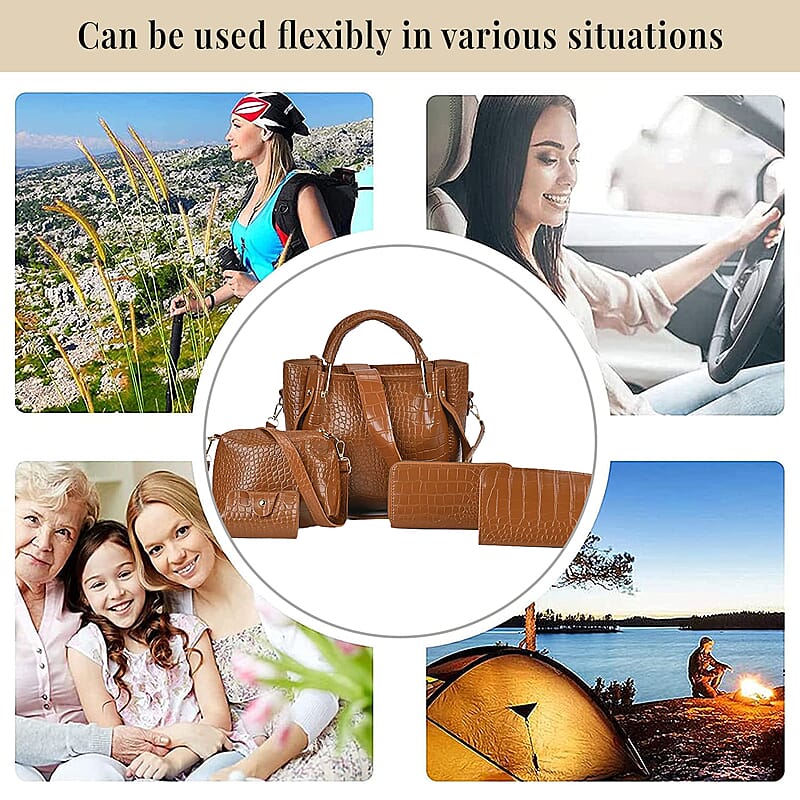 Set of 5pcs Brown Crocodile Embossed Faux Leather Tote Bag, Crossbody Bag, Wrist Pouch, Wallet and Card Holder
