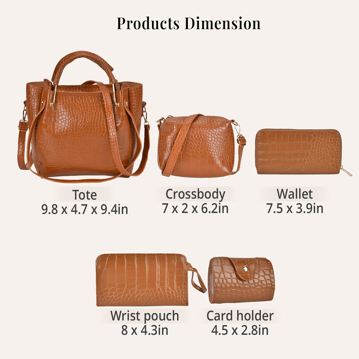 Set of 5pcs Brown Crocodile Embossed Faux Leather Tote Bag, Crossbody Bag, Wrist Pouch, Wallet and Card Holder image number 6