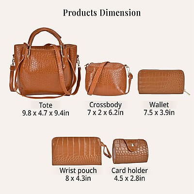 Set of 5pcs Brown Crocodile Embossed Faux Leather Tote Bag, Crossbody Bag, Wrist Pouch, Wallet and Card Holder