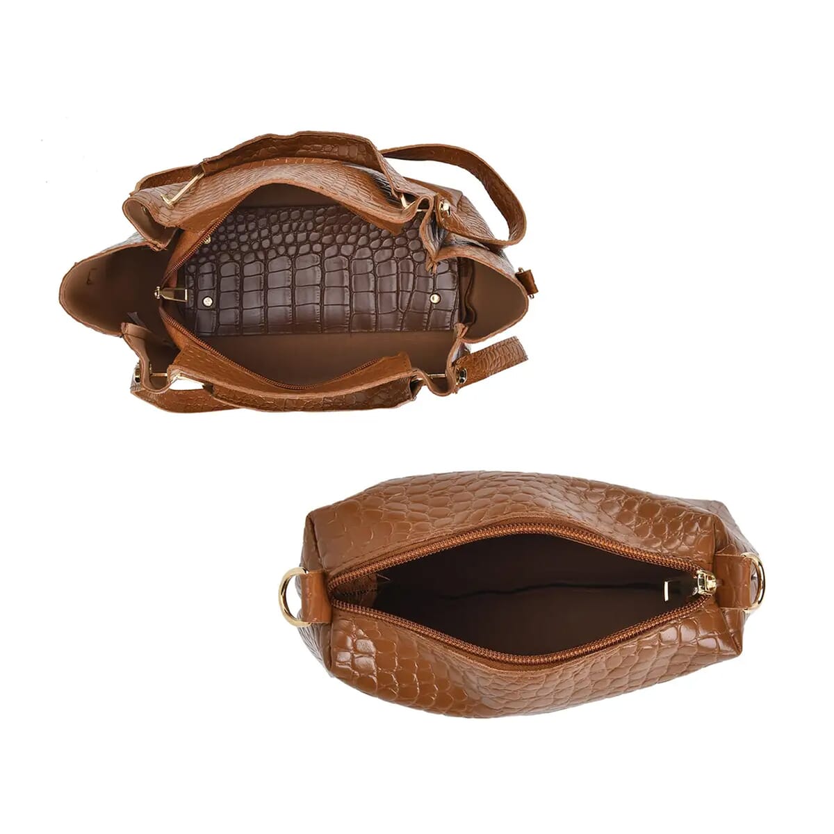 Set of 5pcs Brown Crocodile Embossed Faux Leather Tote Bag, Crossbody Bag, Wrist Pouch, Wallet and Card Holder image number 7