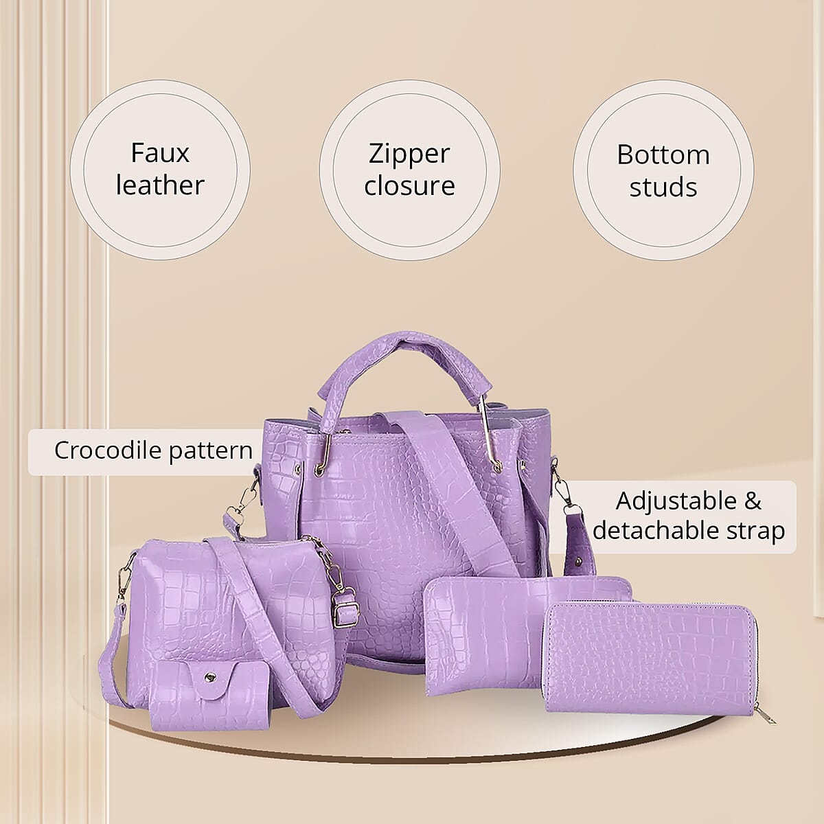 Set of 5pcs Purple Crocodile Embossed Faux Leather Tote Bag, Crossbody Bag, Wrist Pouch, Wallet and Card Holder image number 2