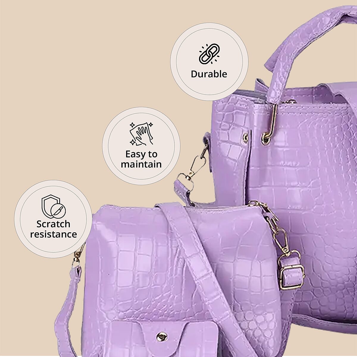 Set of 5pcs Purple Crocodile Embossed Faux Leather Tote Bag, Crossbody Bag, Wrist Pouch, Wallet and Card Holder image number 4