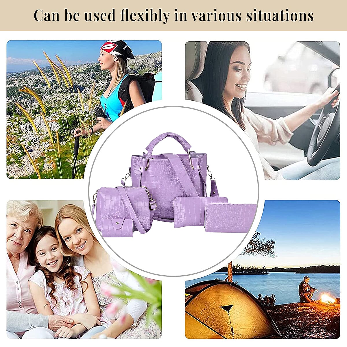 Set of 5pcs Purple Crocodile Embossed Faux Leather Tote Bag, Crossbody Bag, Wrist Pouch, Wallet and Card Holder image number 5