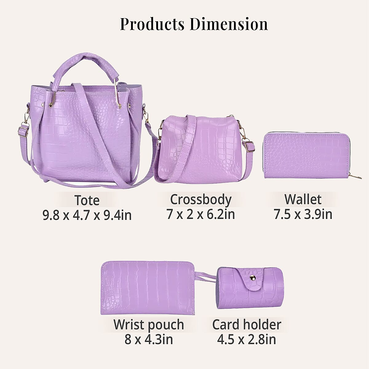 Set of 5pcs Purple Crocodile Embossed Faux Leather Tote Bag, Crossbody Bag, Wrist Pouch, Wallet and Card Holder image number 6