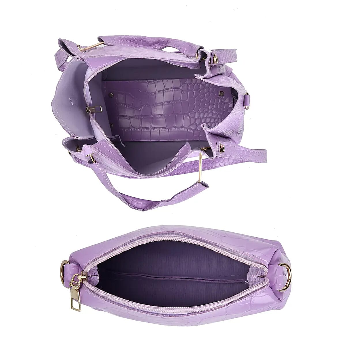 Set of 5pcs Purple Crocodile Embossed Faux Leather Tote Bag, Crossbody Bag, Wrist Pouch, Wallet and Card Holder image number 7