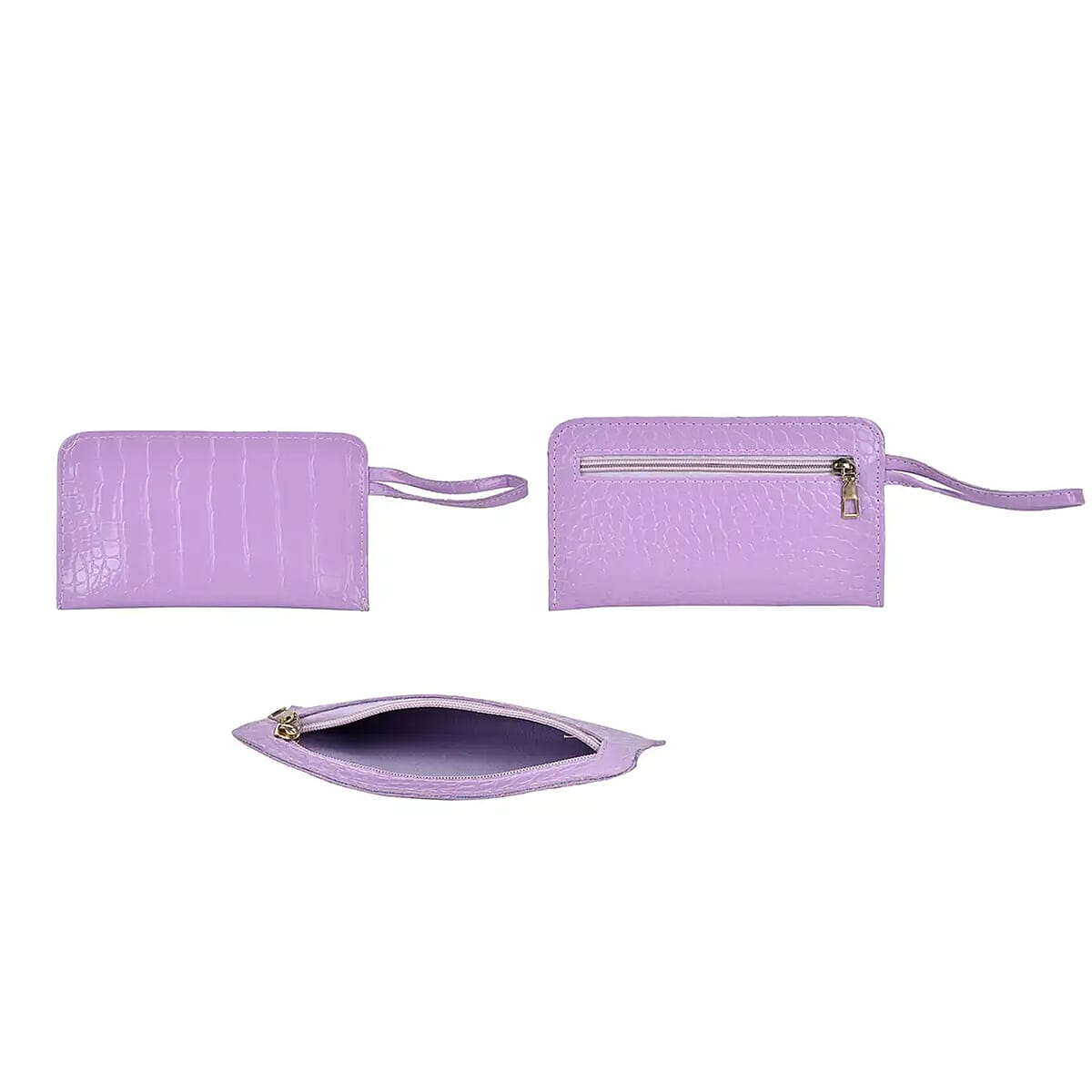 Set of 5pcs Purple Crocodile Embossed Faux Leather Tote Bag, Crossbody Bag, Wrist Pouch, Wallet and Card Holder image number 9