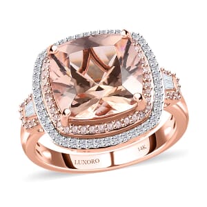 Luxoro 14K Rose Gold AAA Marropino Morganite, Natural Pink and White Diamond I2-I3 Double Halo Ring (Size 8.5) 5.90 Grams 6.85 ctw