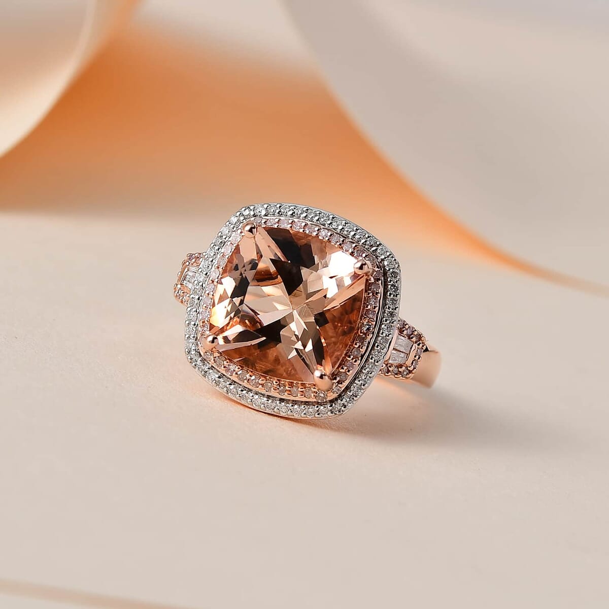 Luxoro 14K Rose Gold AAA Marropino Morganite, Natural Pink and White Diamond I2-I3 Double Halo Ring (Size 8.5) 5.90 Grams 6.85 ctw image number 1