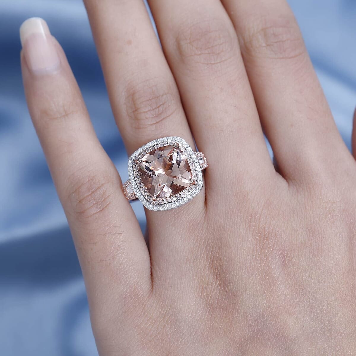 Luxoro 14K Rose Gold AAA Marropino Morganite, Natural Pink and White Diamond I2-I3 Double Halo Ring (Size 8.5) 5.90 Grams 6.85 ctw image number 2